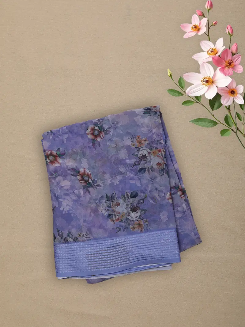 Lavender Purple Floral Printed Chiffon Saree With Self Woven Border 1