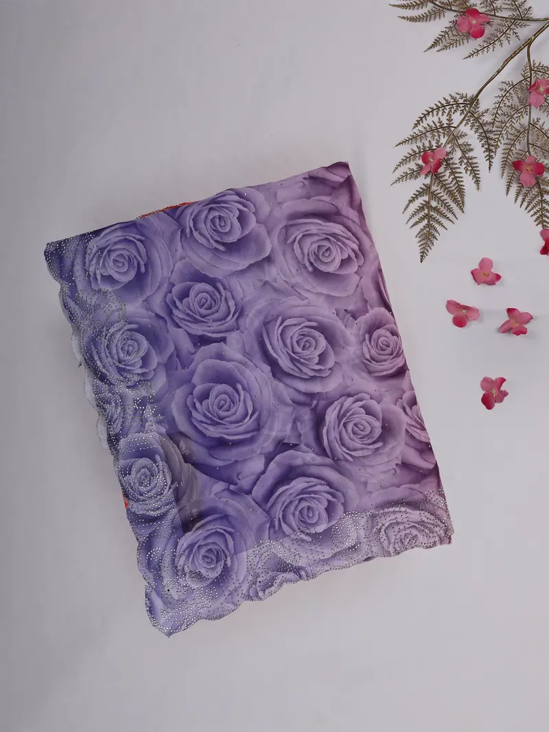 Lavender Purple Floral Printed Design Chiffon Saree 1