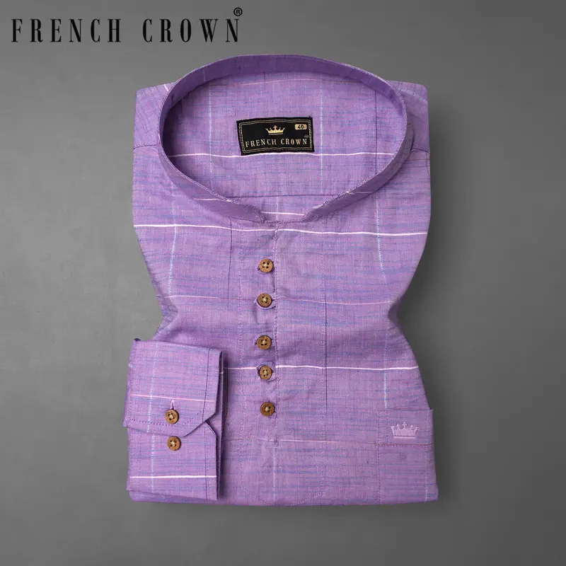 Lavender Purple Plaid Dobby Textured Premium Giza Cotton Kurta Shirt 1
