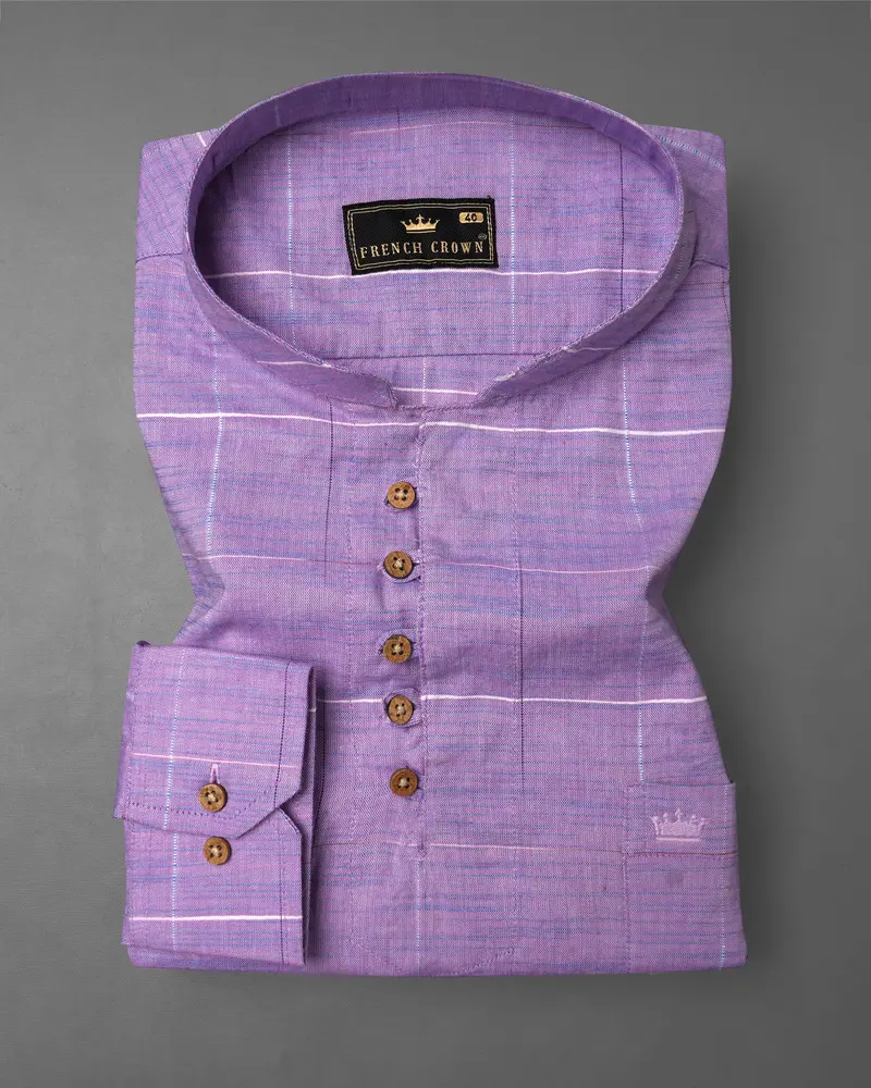 Lavender Purple Plaid Dobby Textured Premium Giza Cotton Kurta Shirt 2