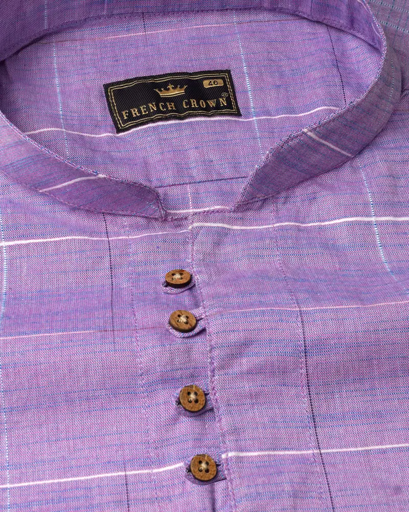 Lavender Purple Plaid Dobby Textured Premium Giza Cotton Kurta Shirt 4