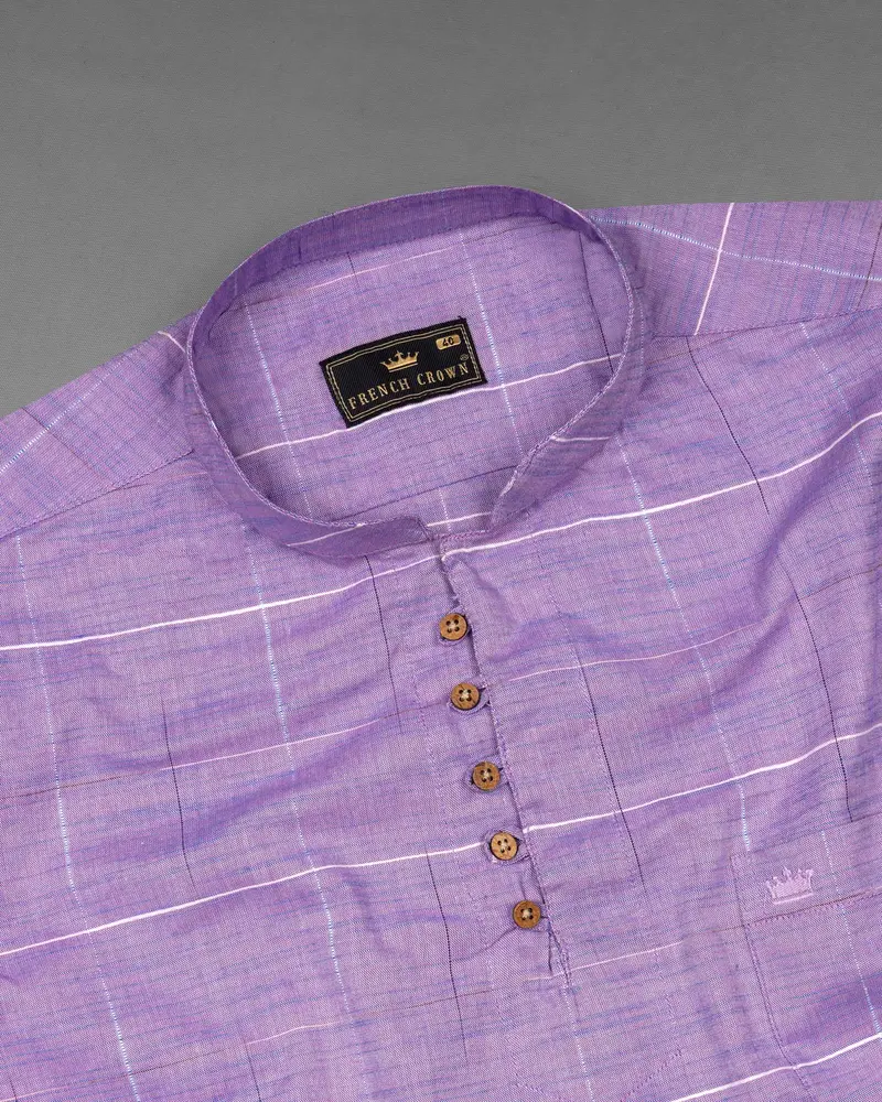 Lavender Purple Plaid Dobby Textured Premium Giza Cotton Kurta Shirt 5
