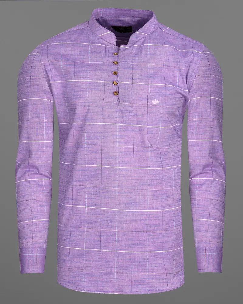 Lavender Purple Plaid Dobby Textured Premium Giza Cotton Kurta Shirt 6