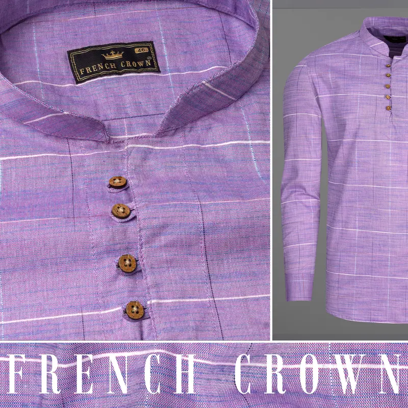 Lavender Purple Plaid Dobby Textured Premium Giza Cotton Kurta Shirt 9