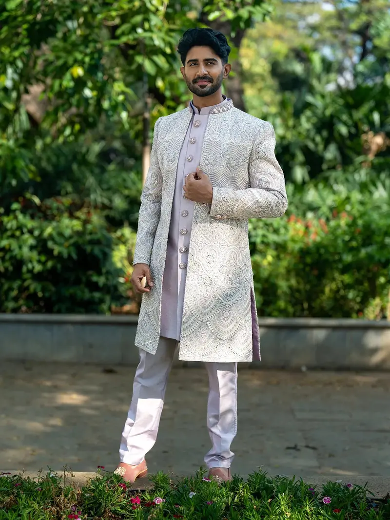 Lavender Raw Silk Floral Designed Sherwani Suit 1