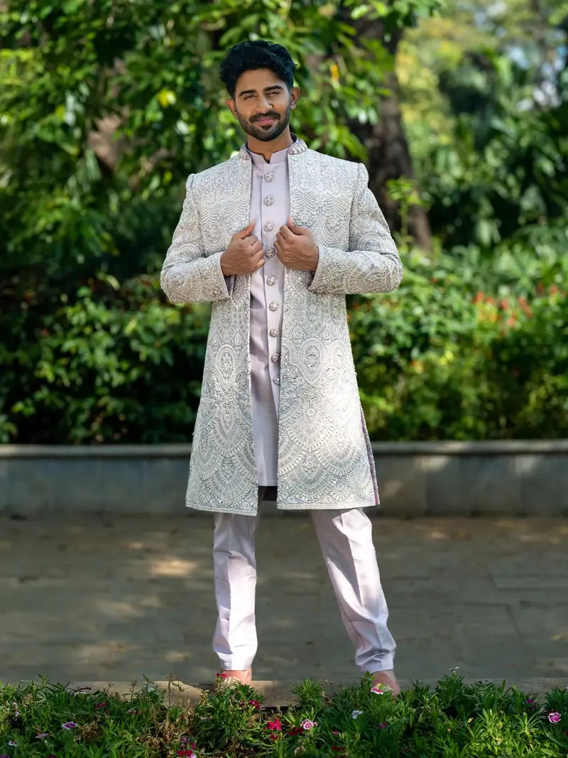 Lavender Raw Silk Floral Designed Sherwani Suit 2