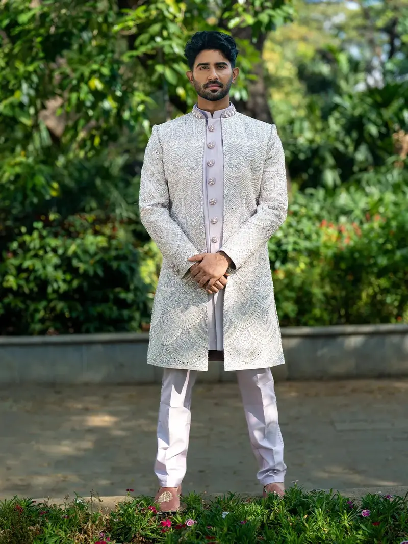 Lavender Raw Silk Floral Designed Sherwani Suit 3