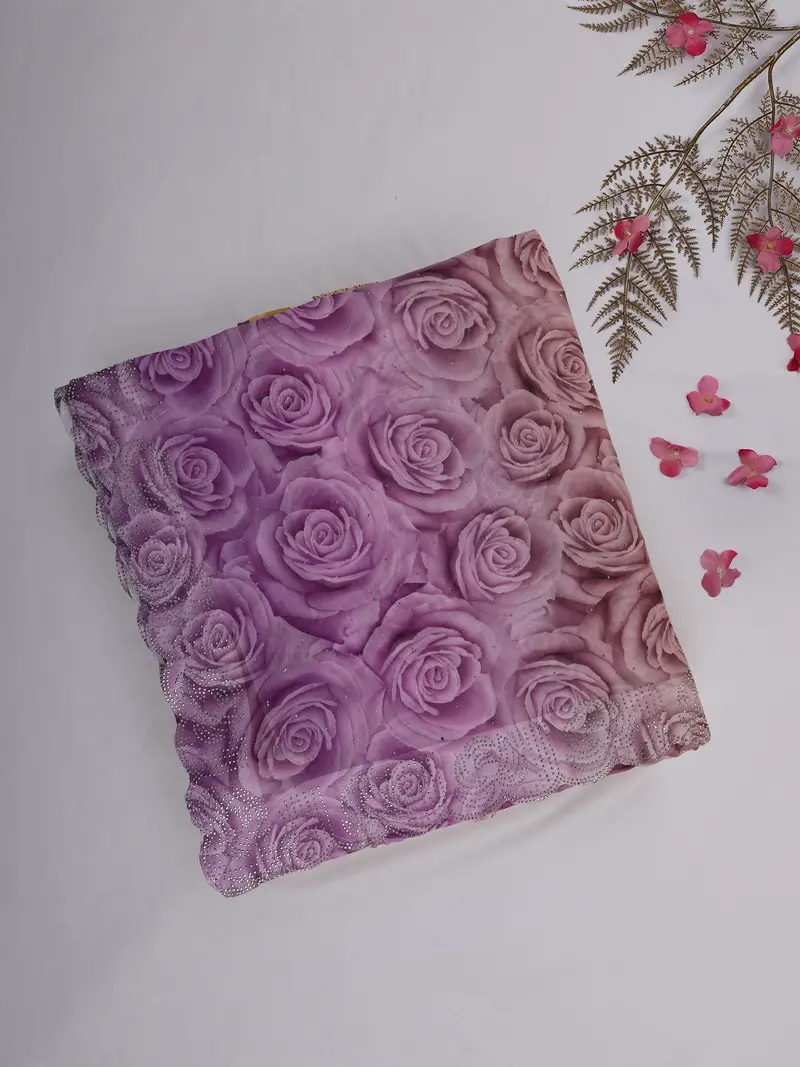 Lavender Rose Floral Printed Chiffon Saree With Stone Embellished Scallop Border 1