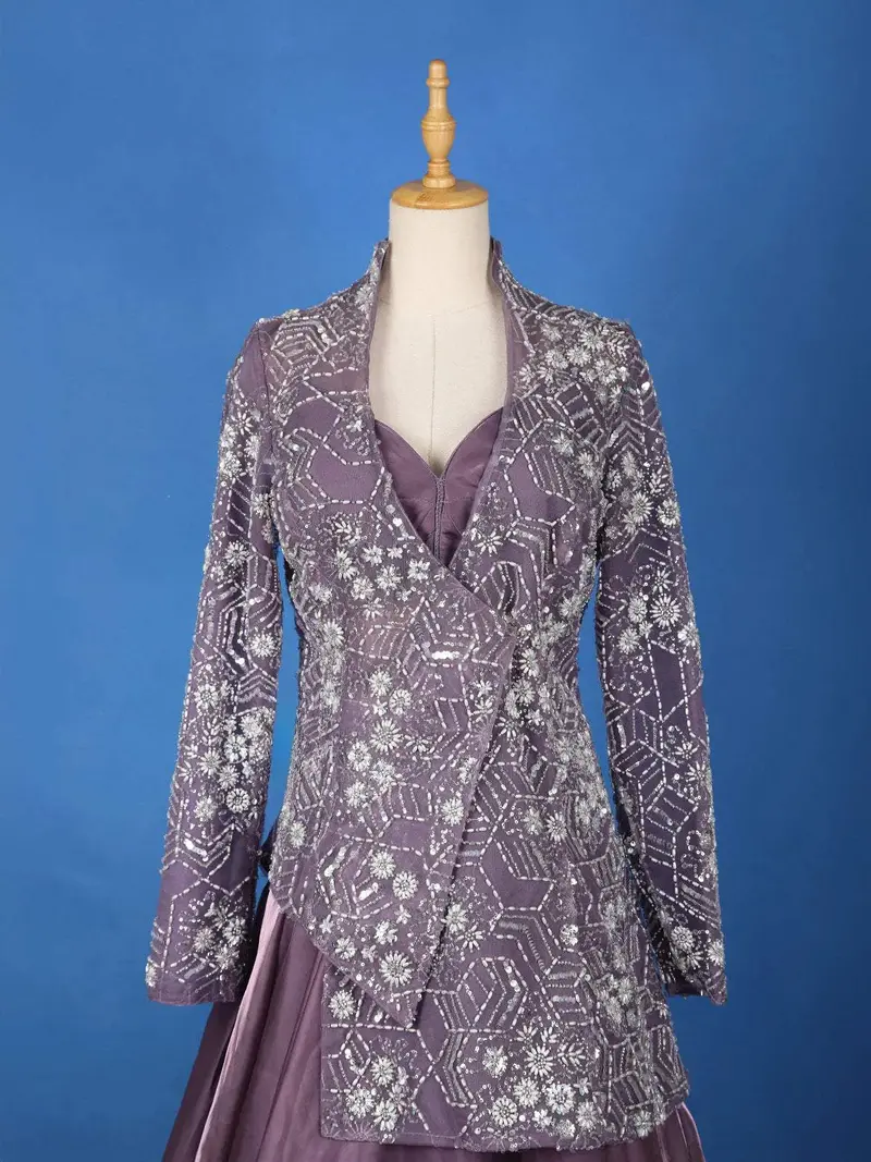 Lavender Sangeet Lehenga Embellished With Floral Embroidery Designs Paired With Overcoat 1