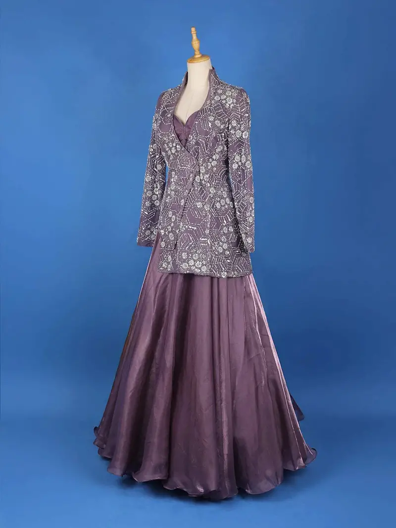 Lavender Sangeet Lehenga Embellished With Floral Embroidery Designs Paired With Overcoat 2