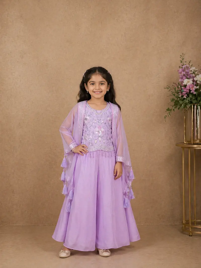 Lavender Sequin And Bead Embroidered Kids Georgette Palazzo Suit With Tassel Dupatta 1