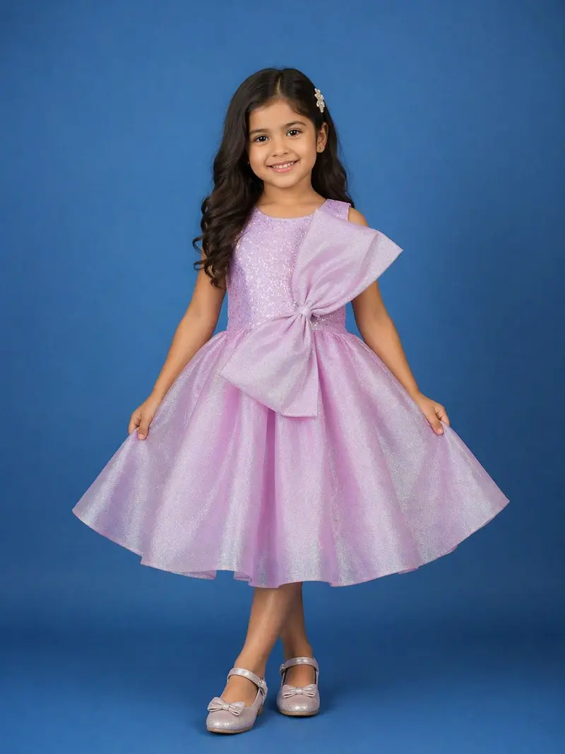 Lavender Sequin Embellished Party Wear Net Frock With Oversized Bow 1