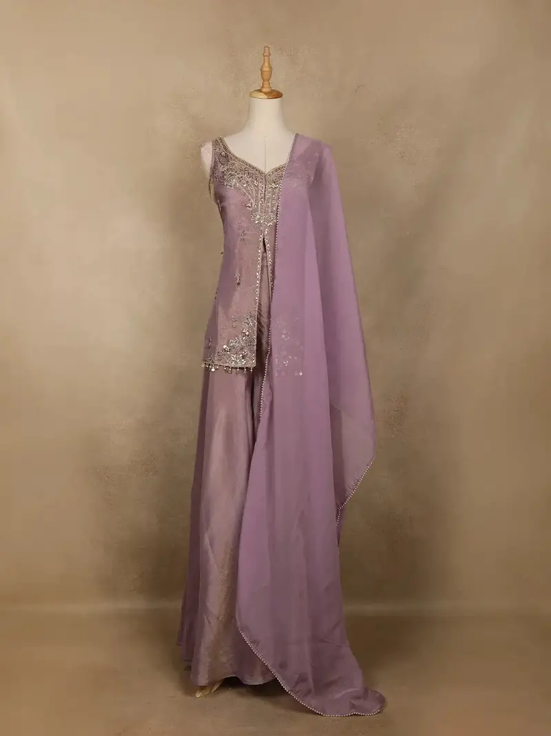 Lavender Sequin Embroidery Design Silk Palazzo Suit 1