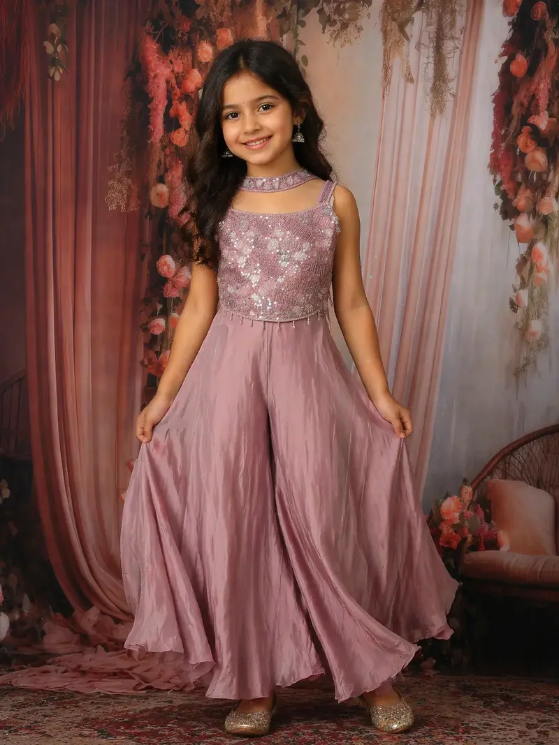 Lavender Sequins And Beads Embroidered Design Crepe Kids Palazzo Suit 1