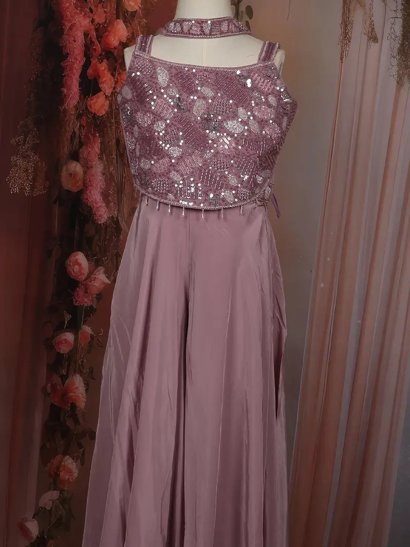 Lavender Sequins And Beads Embroidered Design Crepe Kids Palazzo Suit 3