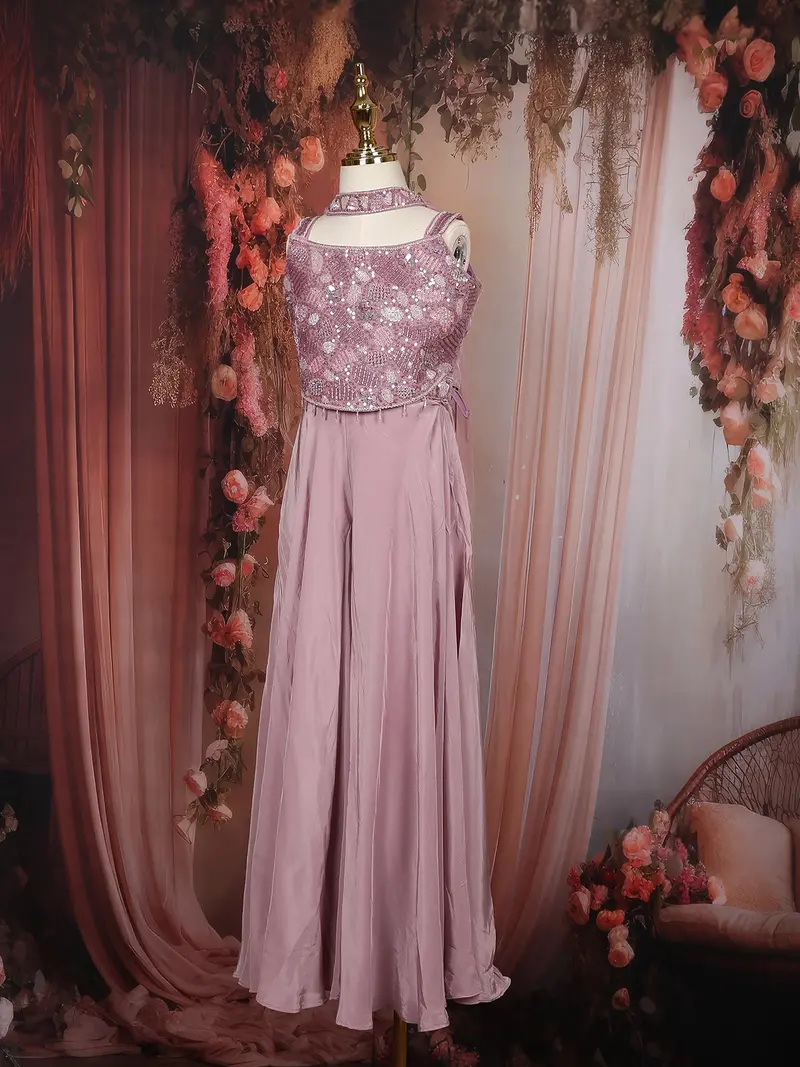 Lavender Sequins And Beads Embroidered Design Crepe Kids Palazzo Suit 5