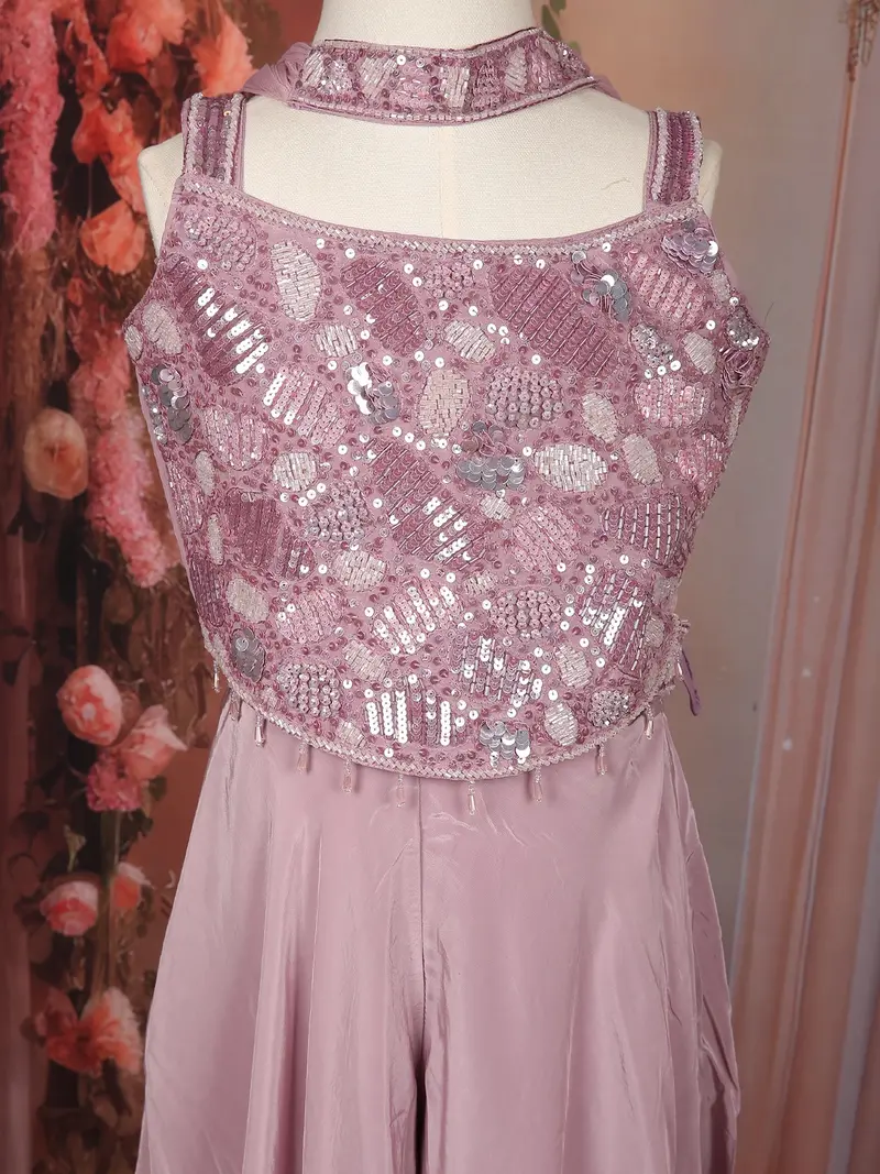 Lavender Sequins And Beads Embroidered Design Crepe Kids Palazzo Suit 6