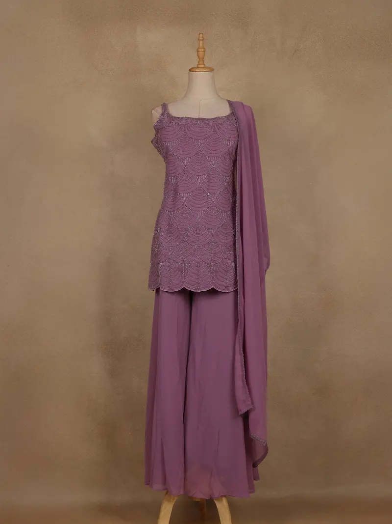 Lavender Sequins Design Georgette Palazzo Suit With Dupatta 1
