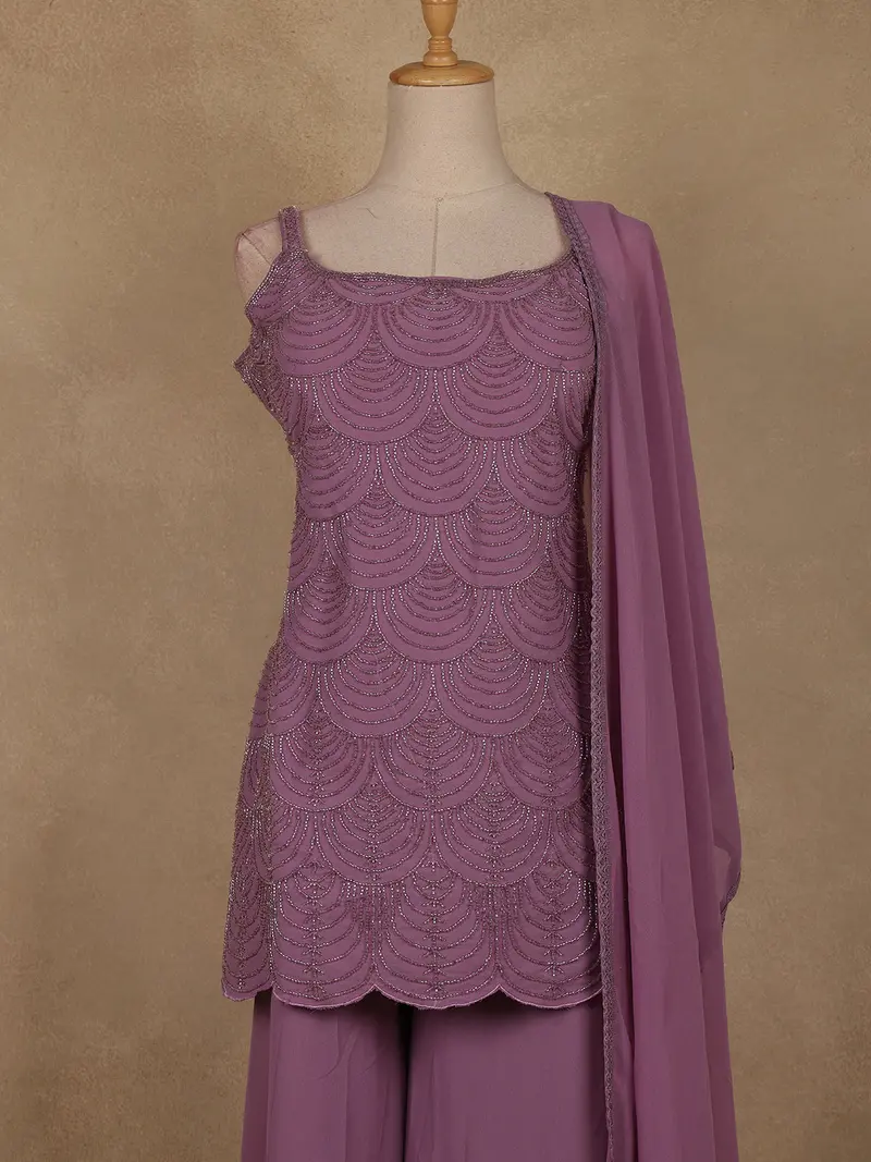 Lavender Sequins Design Georgette Palazzo Suit With Dupatta 2