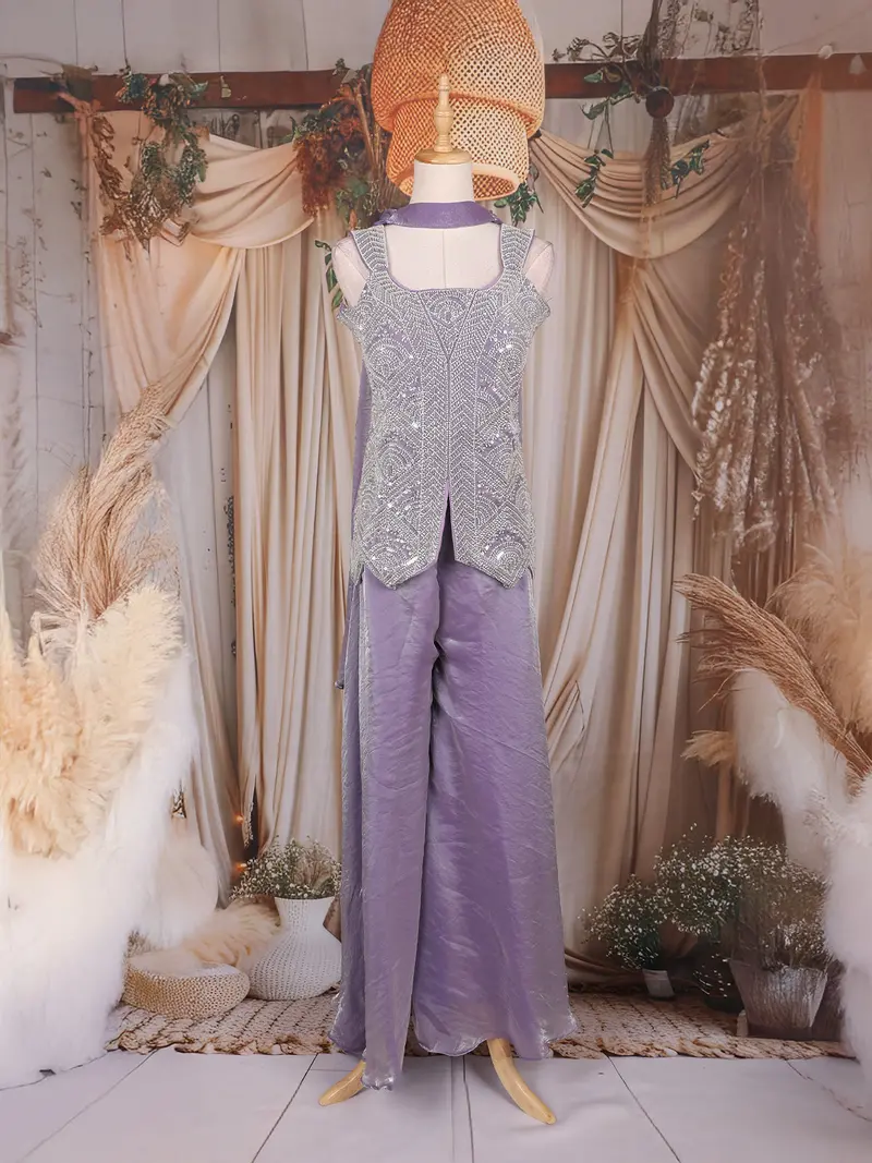 Lavender Sequins Design Organza Palazzo Suit With Choker Dupatta 1