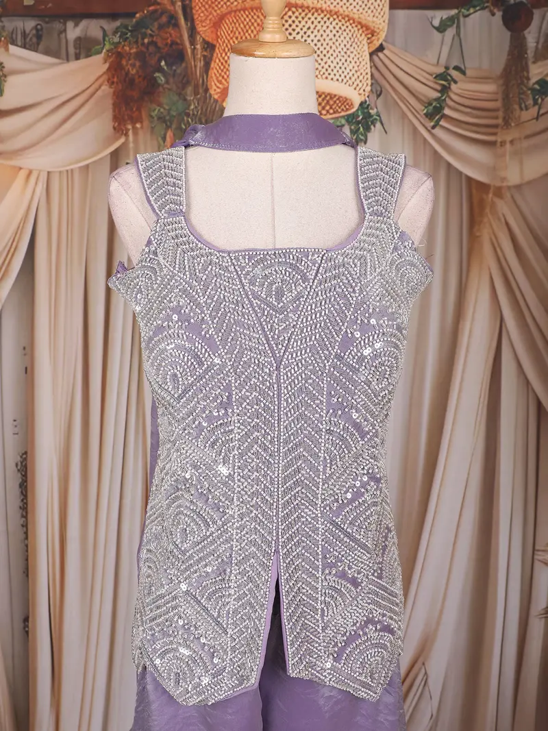 Lavender Sequins Design Organza Palazzo Suit With Choker Dupatta 2