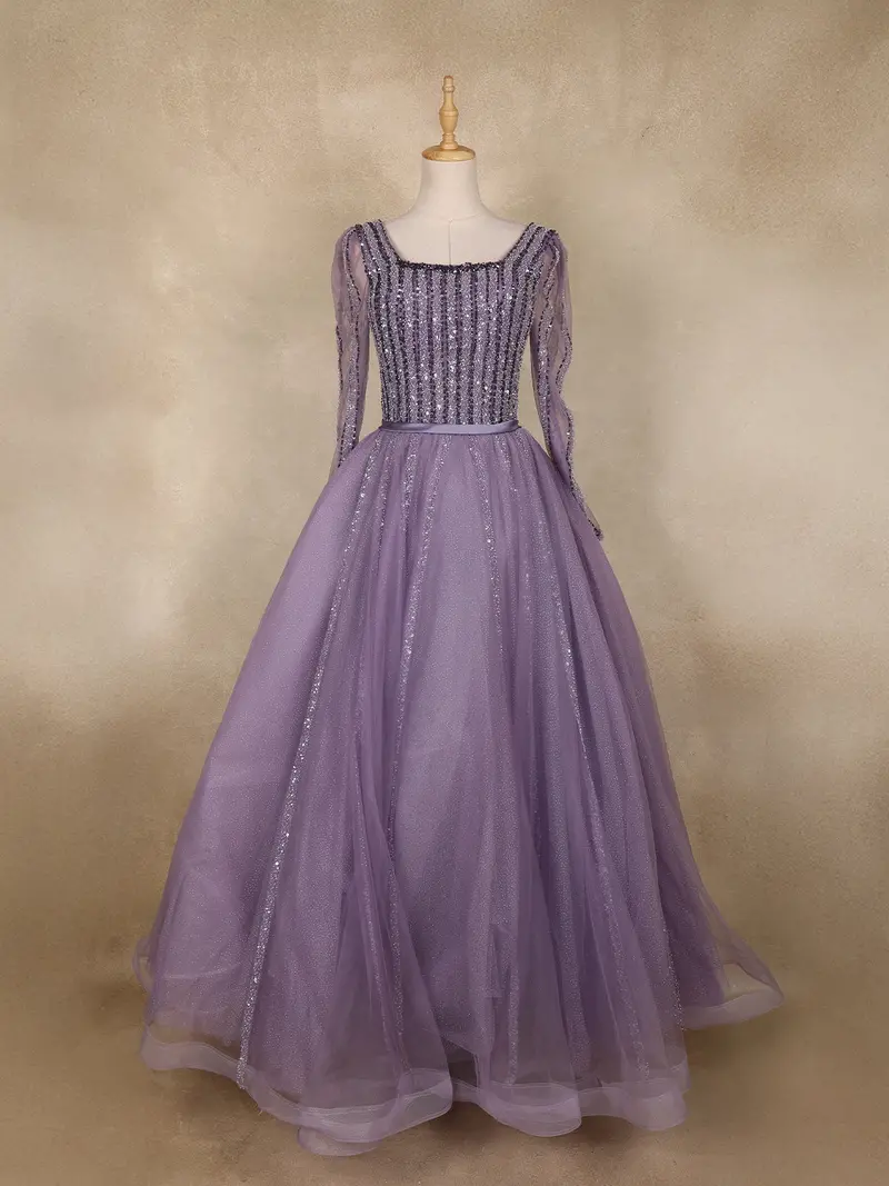 Lavender Sequins Embellished Design Net Ball Gown With Full Sleeves 1