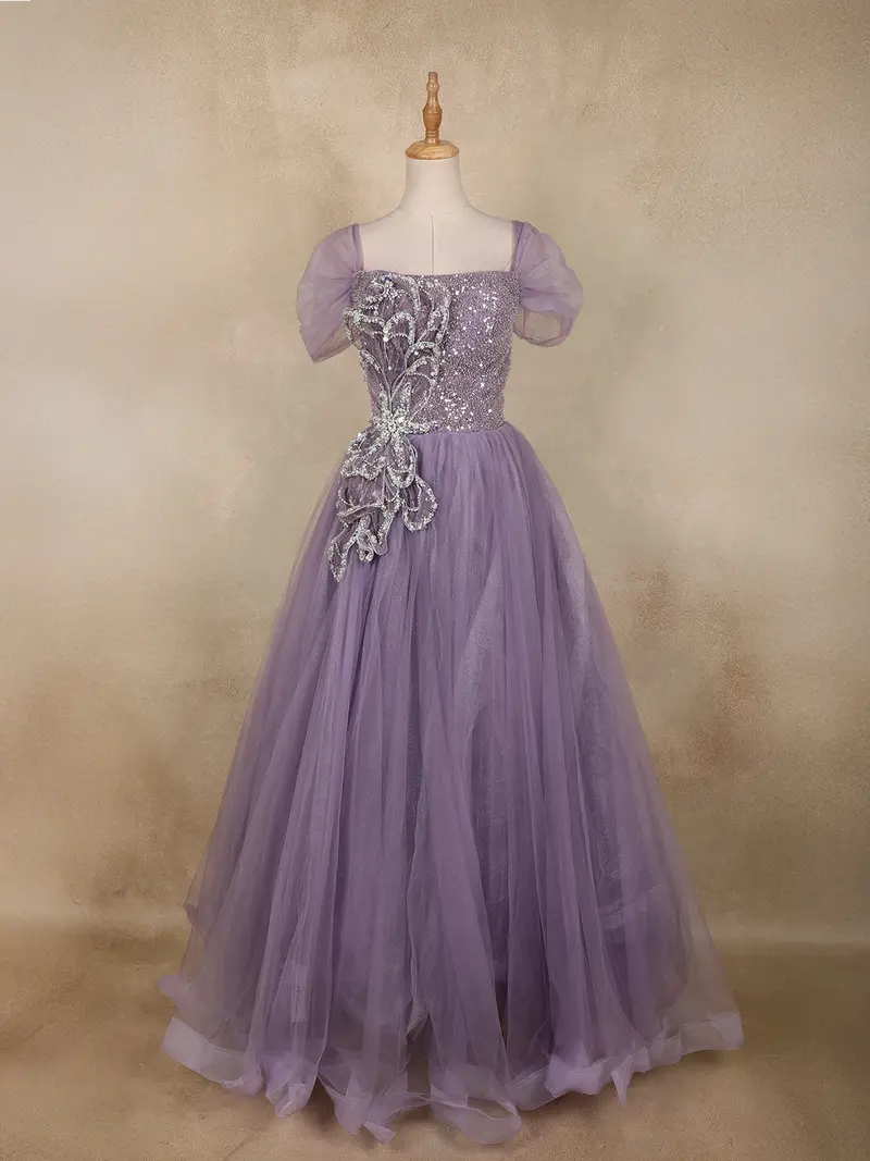 Lavender Sequins Embellished Design Net Ball Gown With Puff Sleeves 1