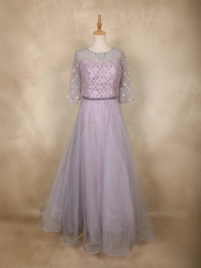 Lavender Sequins Embellished Design Net Gown 1