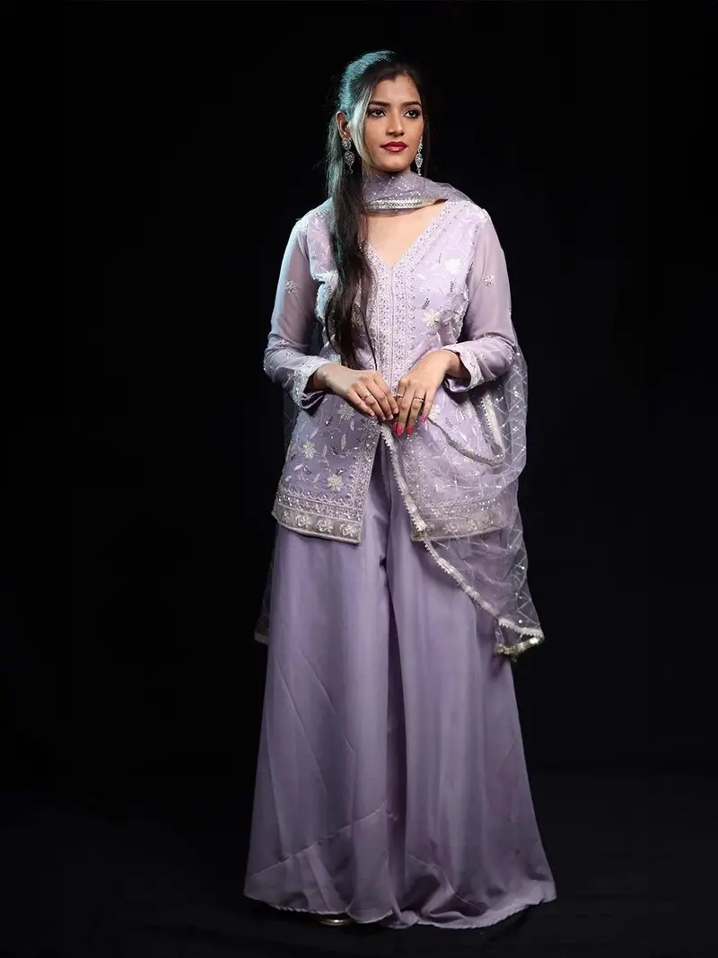 Lavender Sequins Embroidered Chiffon Palazzo Suit 1