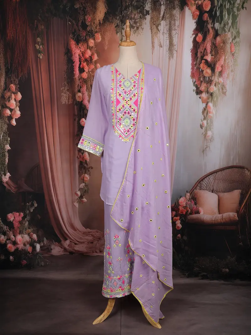 Lavender Sequins Embroidered Cotton Palazzo Suit With Dupatta 1