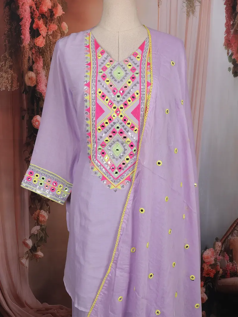 Lavender Sequins Embroidered Cotton Palazzo Suit With Dupatta 2