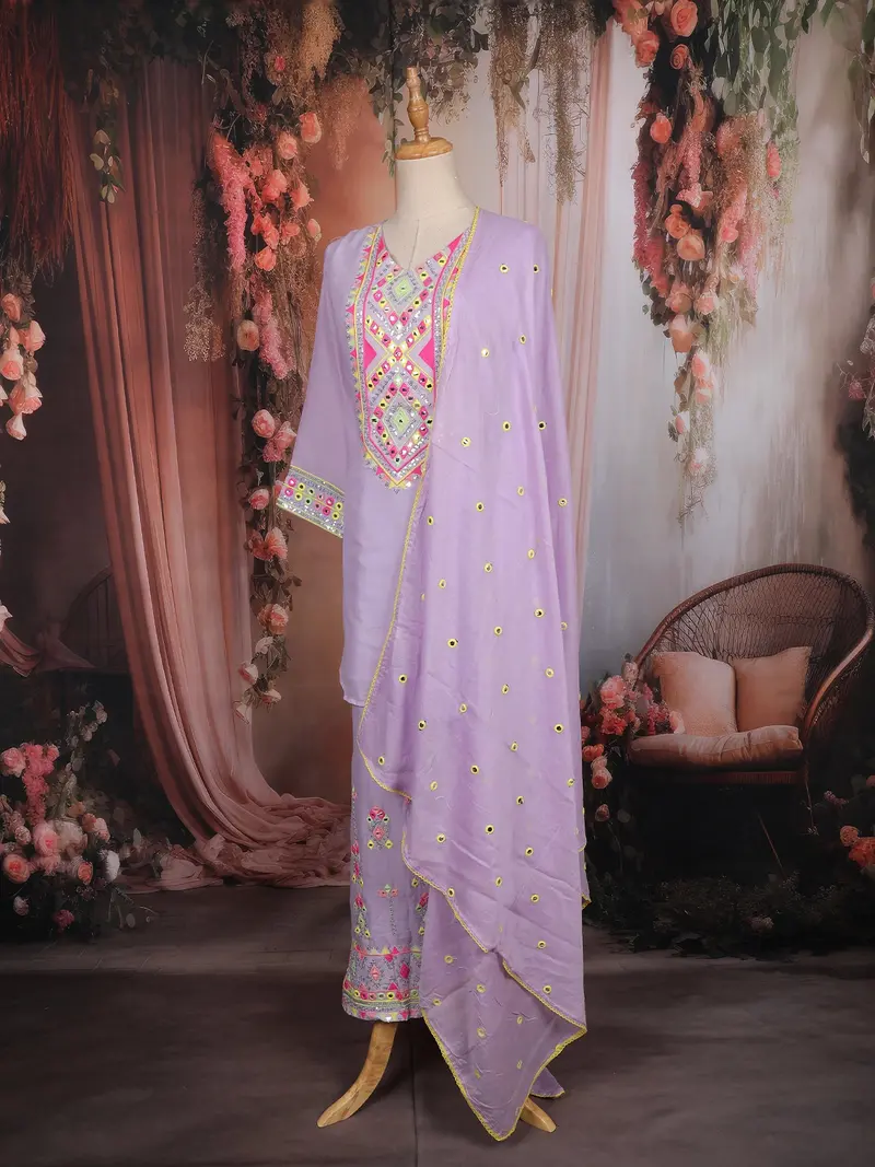 Lavender Sequins Embroidered Cotton Palazzo Suit With Dupatta 3