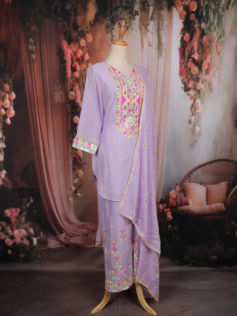 Lavender Sequins Embroidered Cotton Palazzo Suit With Dupatta 4