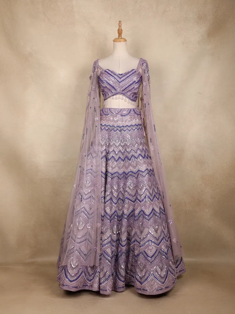 Lavender Sequins Embroidered Net Lehenga Set With Cape Sleeves 1