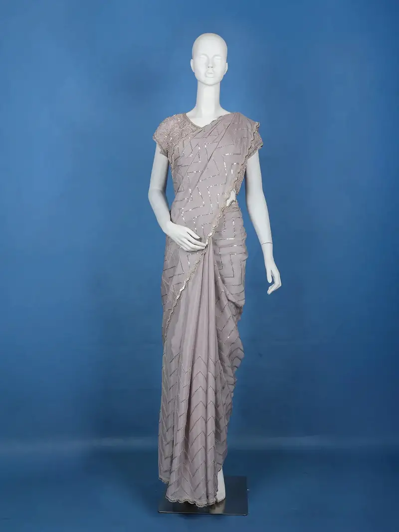 Lavender Sequins Zig Zag Design Georgette Saree 2