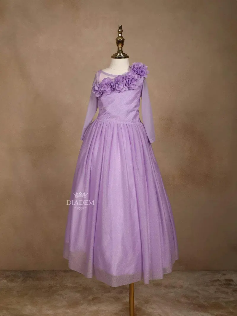 Lavender Shimmer Full Sleeves Gown Adorned With 3D Flowers 1