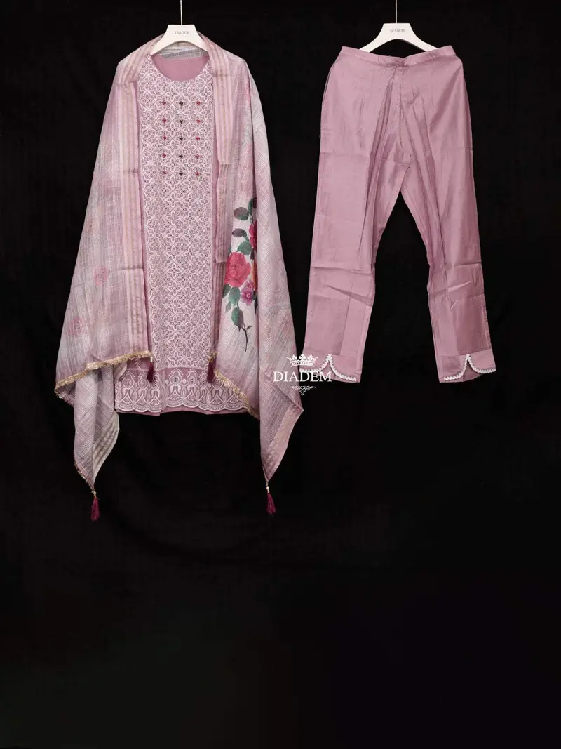 Lavender Silk Cotton Straight Cut Salwar Suit Adorned With Floral Prints And Threadwork, Paired With Dupatta 1