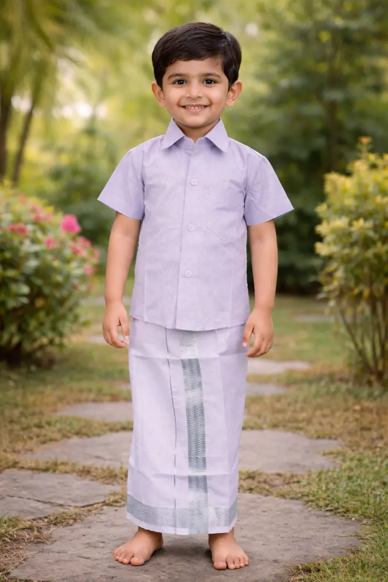 Lavender Silk Dhoti With Matching Half Sleeve Shirt 1