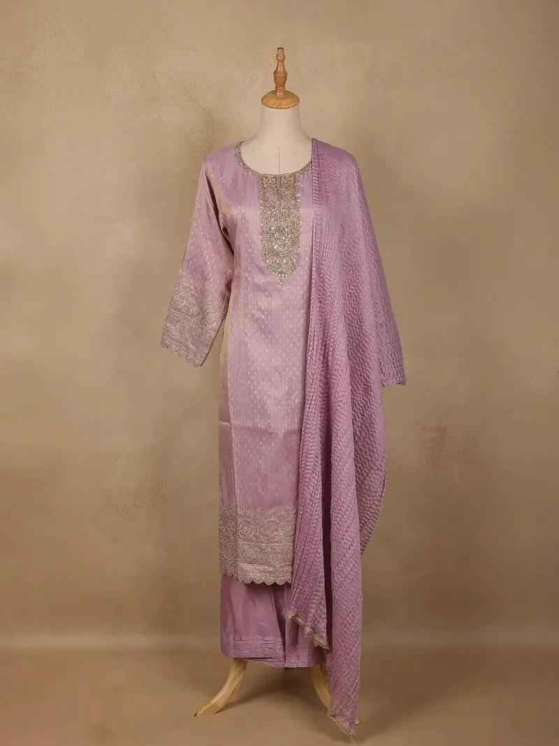 Lavender Silk Salwar Suit With Floral Embroidery 1