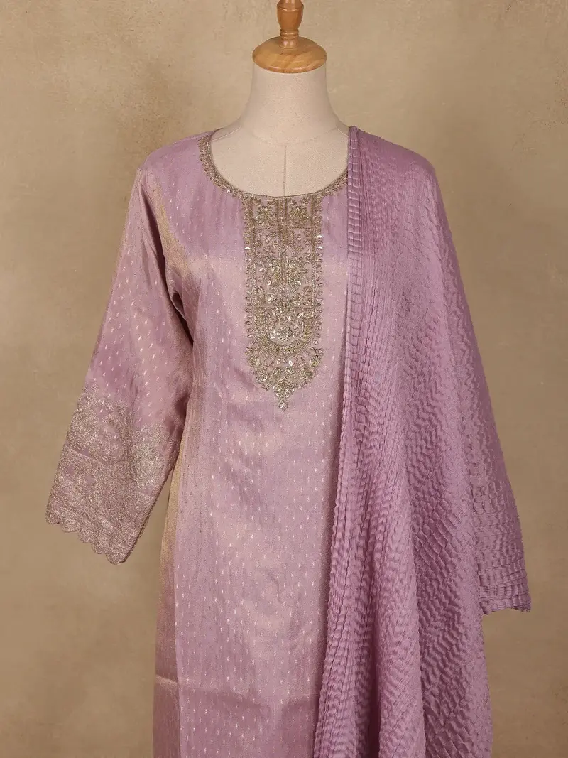 Lavender Silk Salwar Suit With Floral Embroidery 2