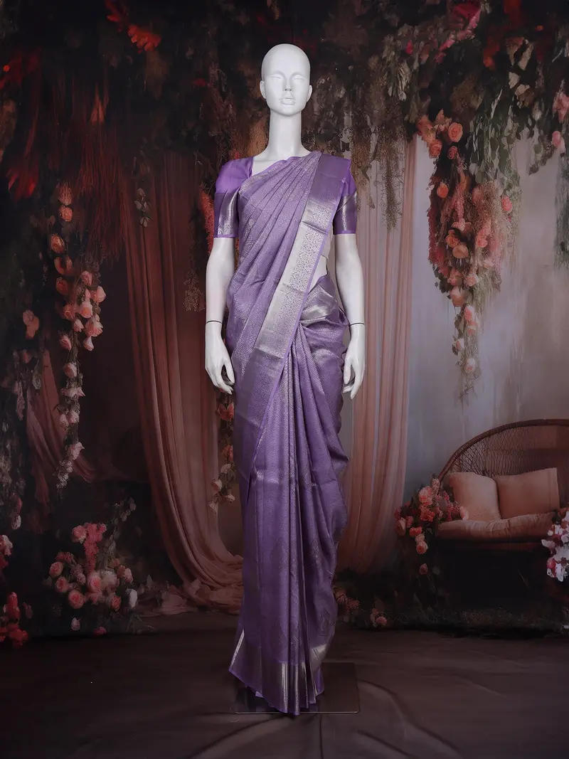 Lavender Silver Zari Woven Kanchipuram Tissue Silk Saree 1