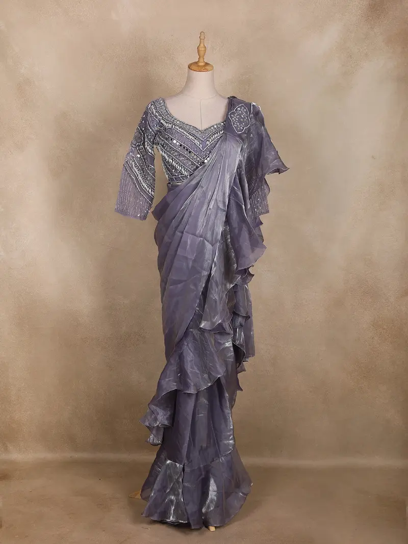 Lavender Solid Design Ruffle Organza Ready To Wear Saree 1