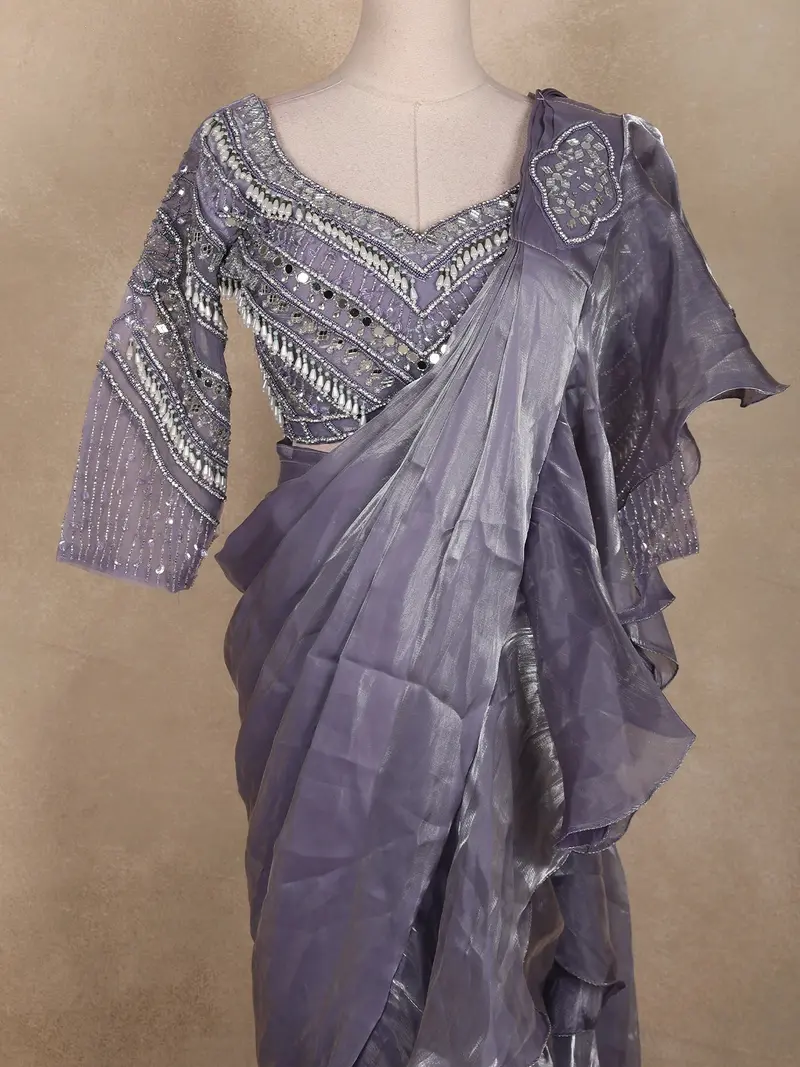 Lavender Solid Design Ruffle Organza Ready To Wear Saree 2