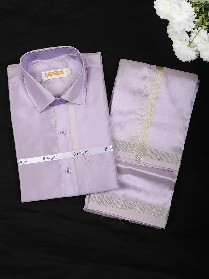 Lavender Solid Silk Shirt With Matching Dhoti Featuring Elegant Gold Zari Border 1