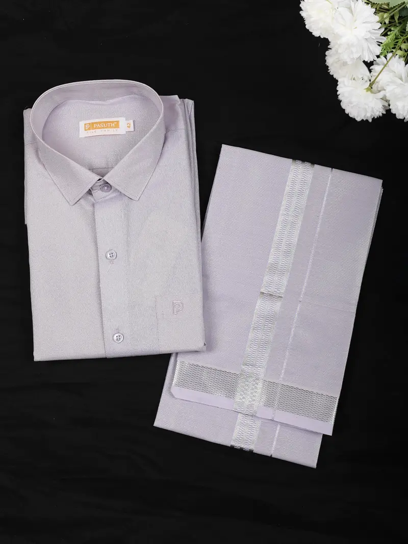 Lavender Solid Woven Design Shirt With Silver Zari Border Matching Dhoti Set 1