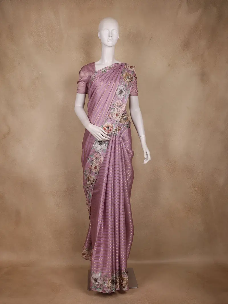 Lavender Stripes And Floral Printed Tussar Silk Saree 1