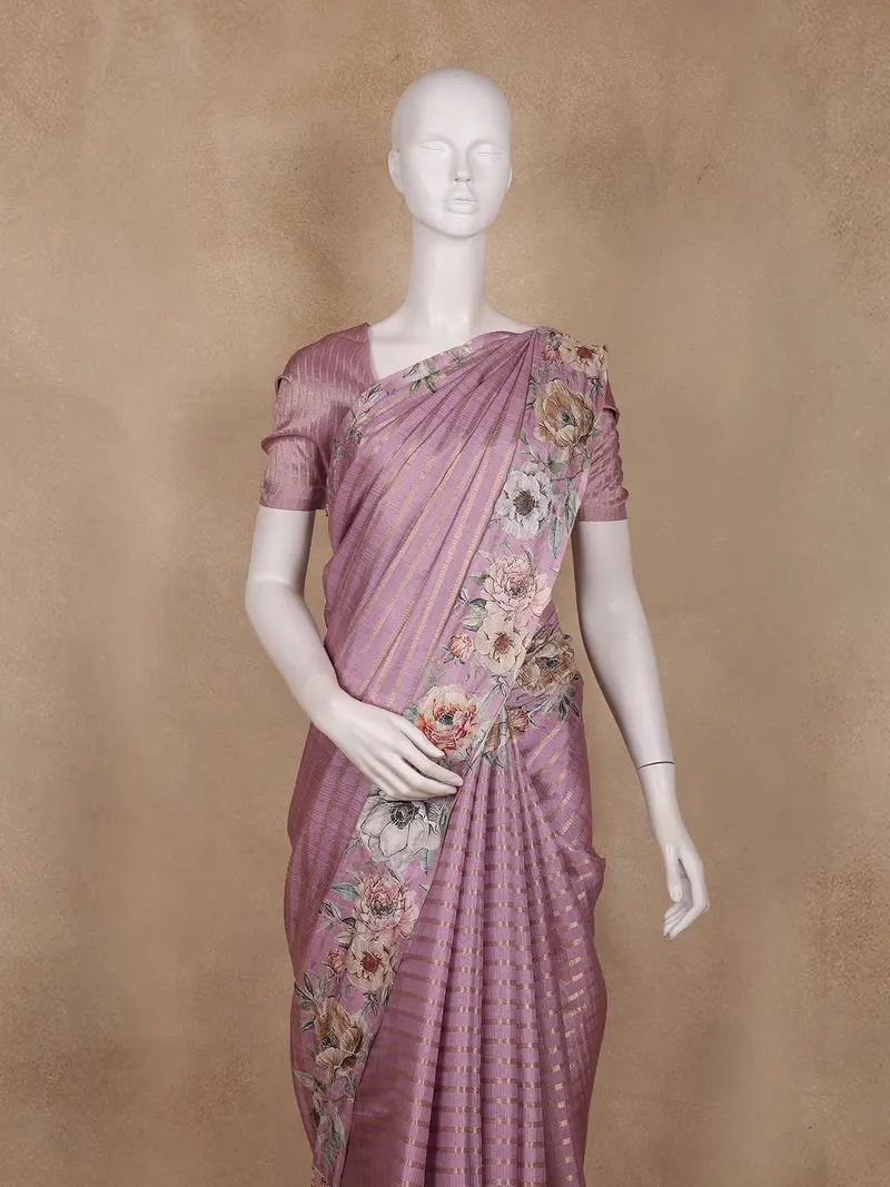 Lavender Stripes And Floral Printed Tussar Silk Saree 2