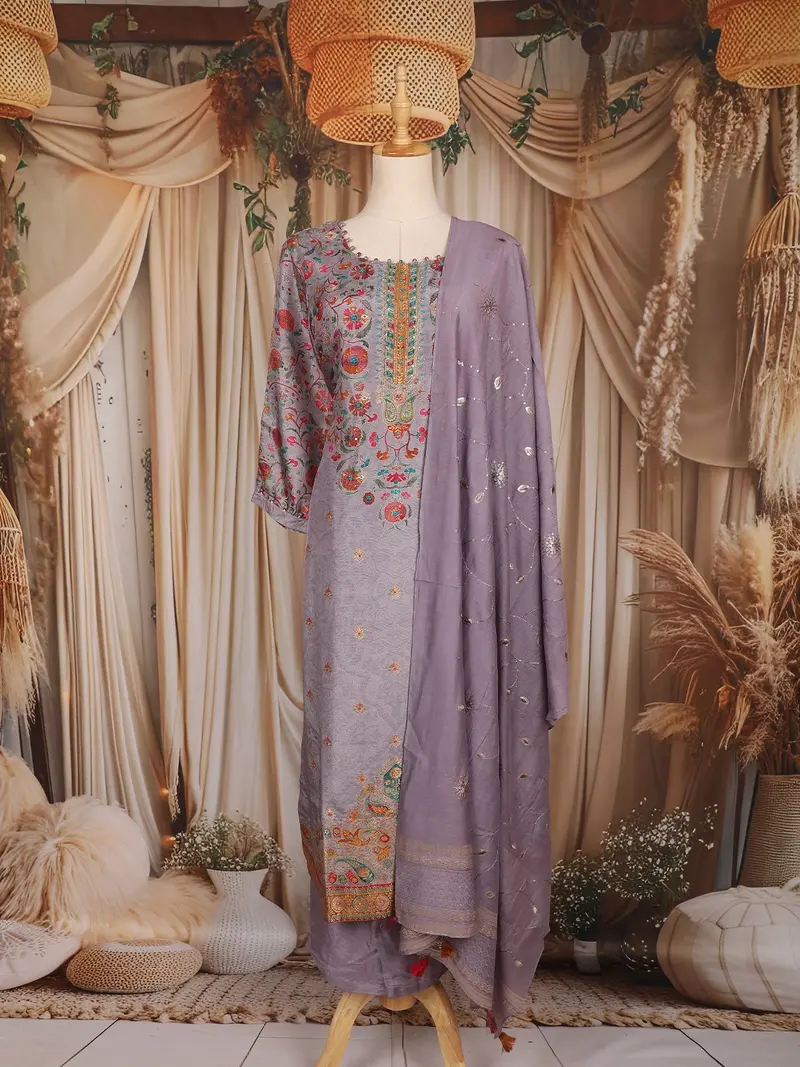 Lavender Thread Embroidered Design Crepe Straight Cut Salwar Suit 1