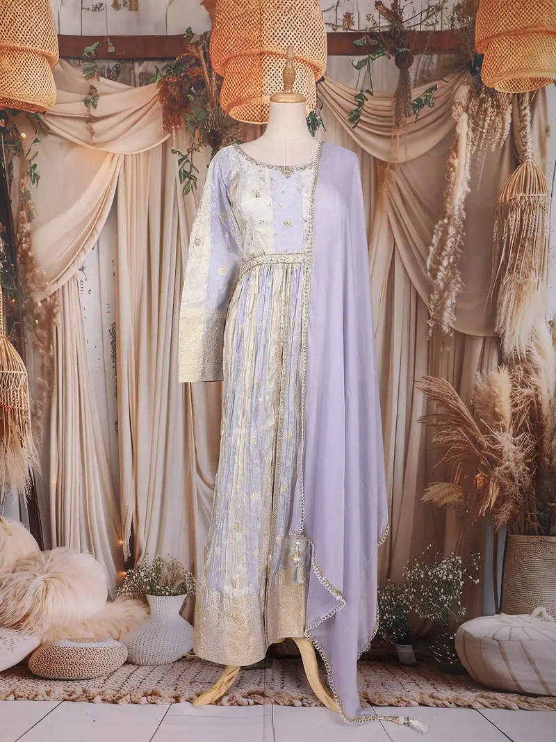 Lavender Zari Woven Design Organza Salwar Suit With Dupatta 1