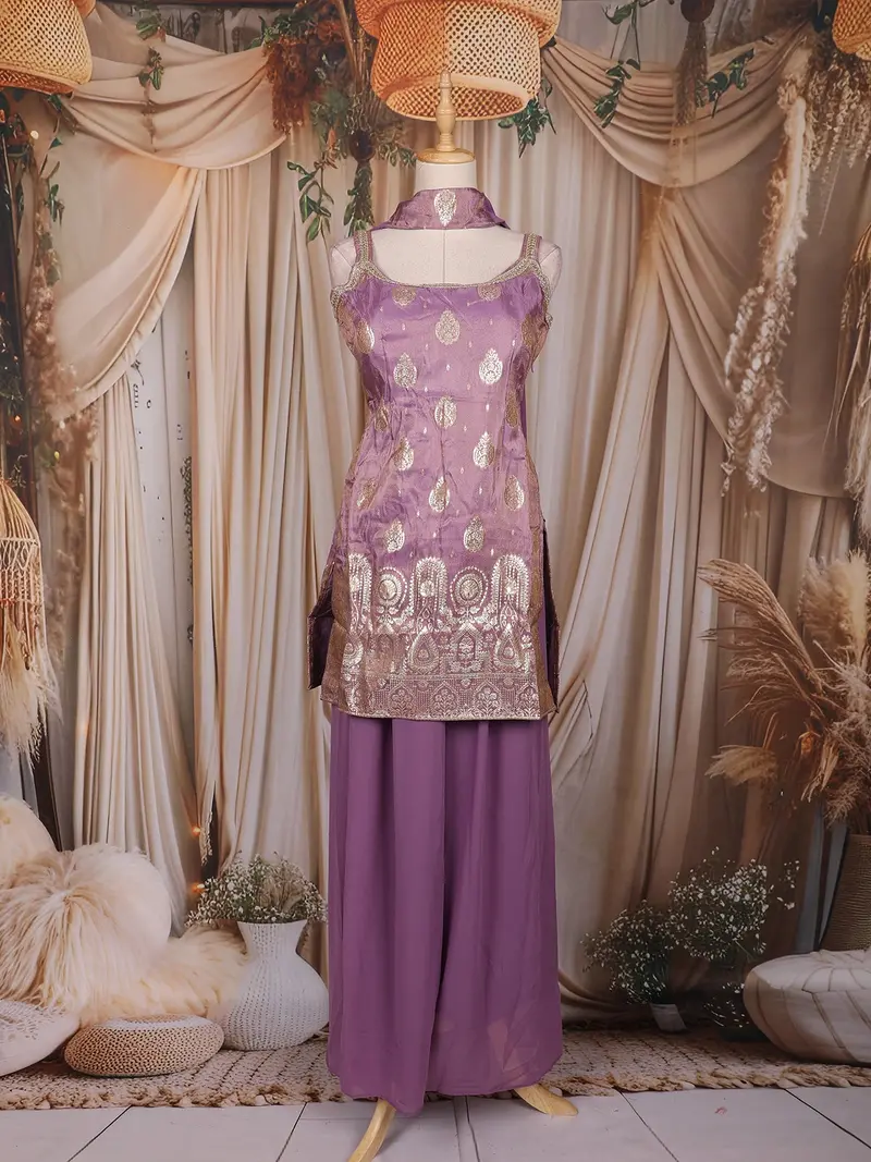 Lavender Zari Woven Design Silk Palazzo Suit With Dupatta 1